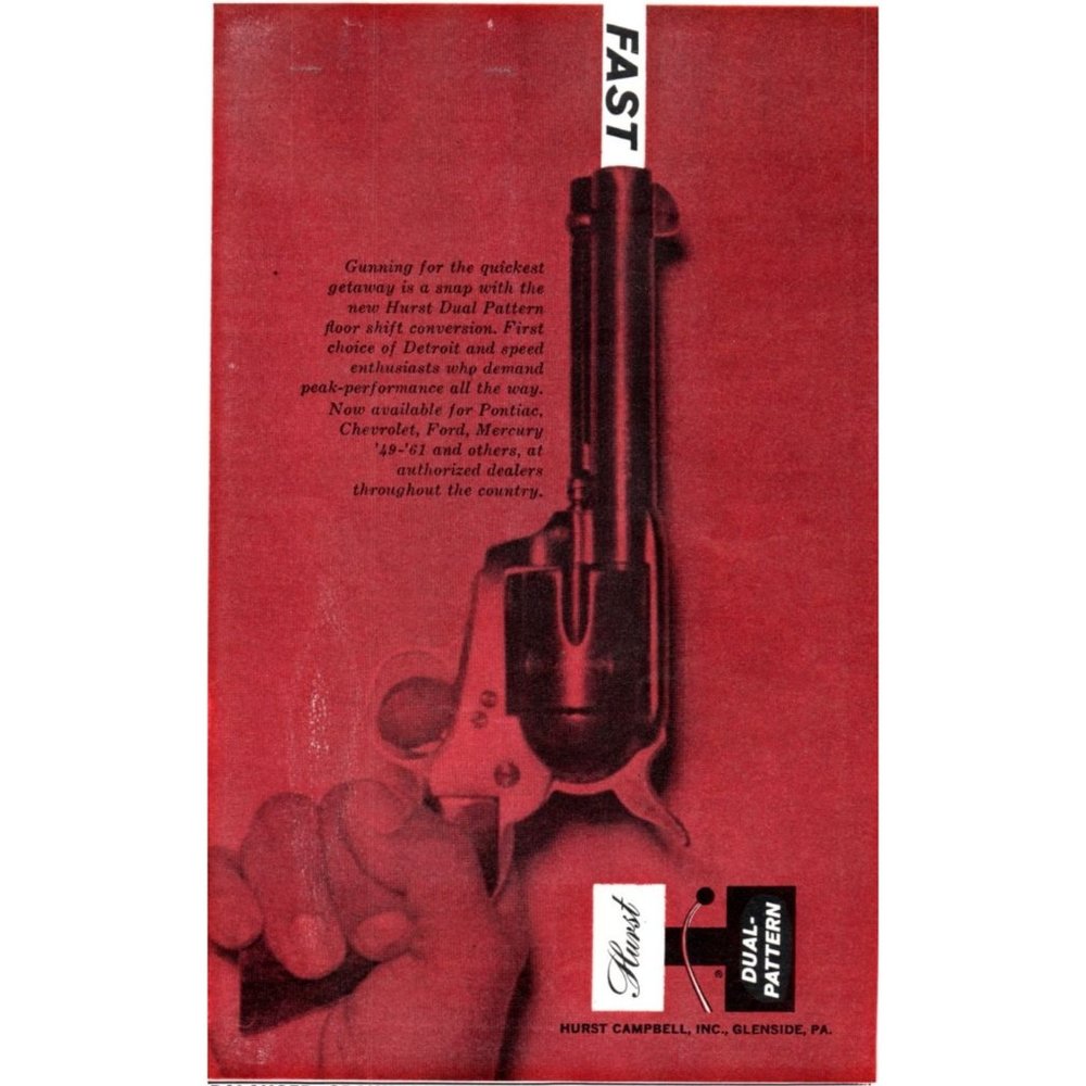 1961 Hurst Performance Parts Dual Pattern Shifter Vintage Print Ad Revolver Art